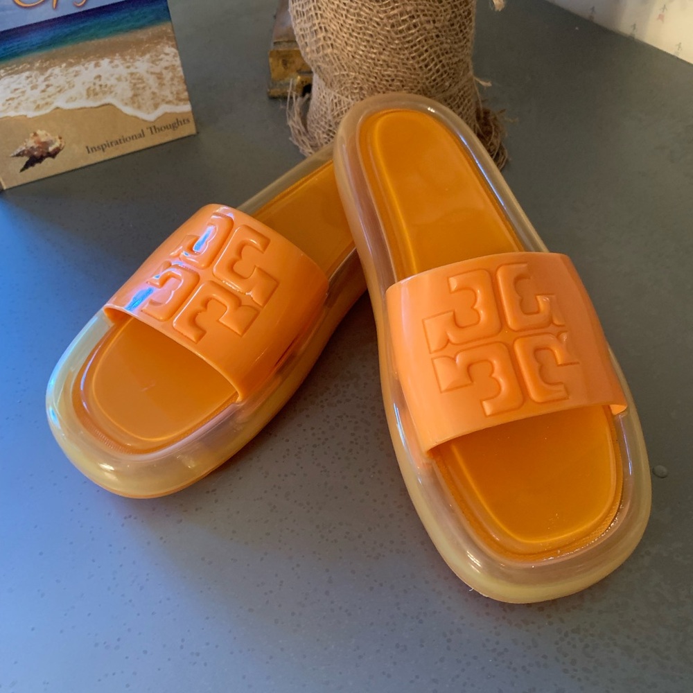 Tory Burch, JUST LIKE NEW, Bumblebee Jelly Slides. ORANGE, size 9B.